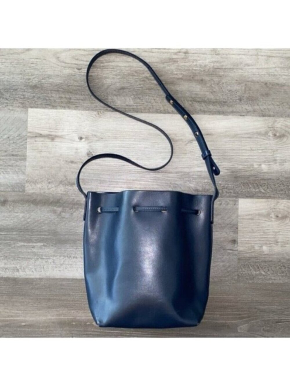 Mansur Gavriel Leather Bucket Bag Drawstring Navy Blue Gold Hardware Purse $695 - Picture 2 of 15